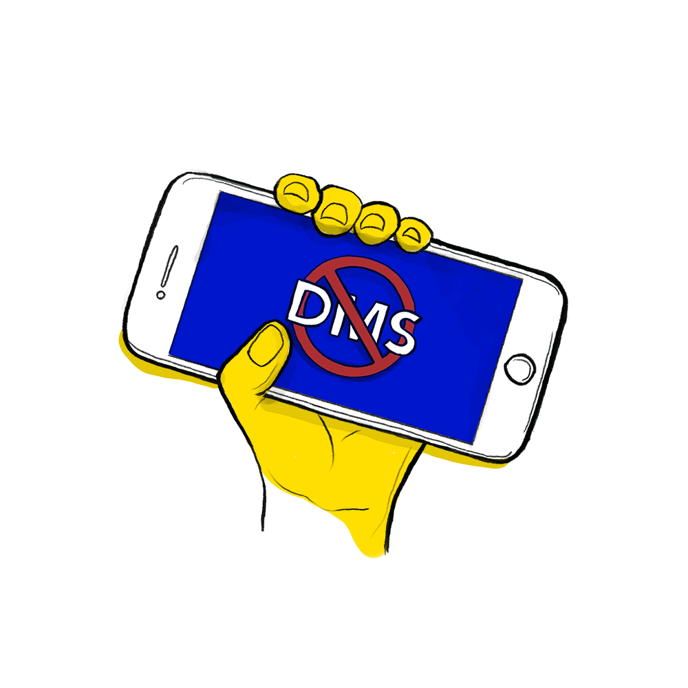 Fist protesting - holding a phone with a No DMS sign on the screen.